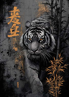 Tiger with Bamboo and Asian Calligraphy