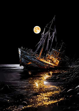 Shipwreck at Night with Moon