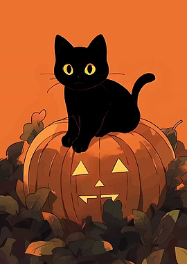 Black Cat on Pumpkin Halloween Art