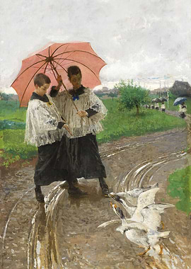 Two Boys with Umbrella and Geese