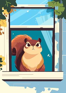 Cartoon Squirrel in Window Illustration