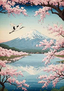 Mount Fuji Cherry Blossoms Crane