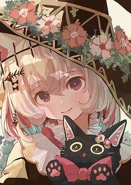 Anime Girl with Cat and Flowers