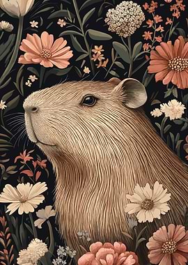 Capybara in Floral Garden