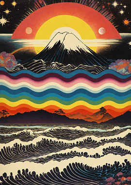 Psychedelic Mountain Landscape with Rainbow Waves