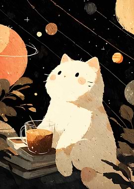 Cat with Coffee in Space