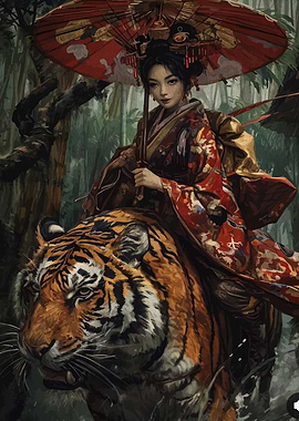 Asian Woman Riding a Tiger