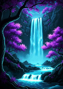 Neon Waterfall Fantasy Landscape
