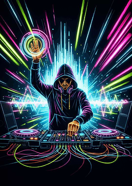 Neon DJ Mixing Music
