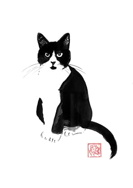 Black and White Cat Ink Drawing