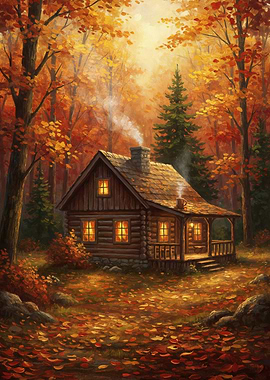 Autumn Cabin in the Woods Painting