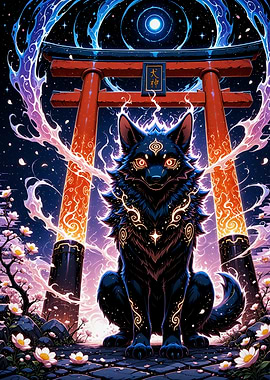 Mystical Ookami Wolf Guardian at Torii Gate Cherry Blossom Sakura Japan