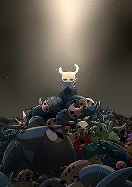 Hollow Knight on a pile of bugs