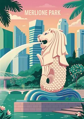 Merlione Park Singapore Illustration