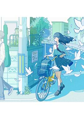 Anime Girl with Bicycle and Birds
