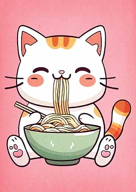 Cute Cat Eating Ramen Illustration