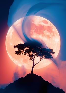 Tree Silhouette Against a Full Moon