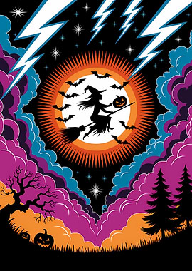 Halloween Witch Flying with Bats