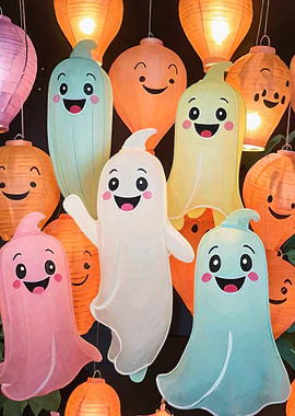 Cute Cartoon Ghosts and Lanterns