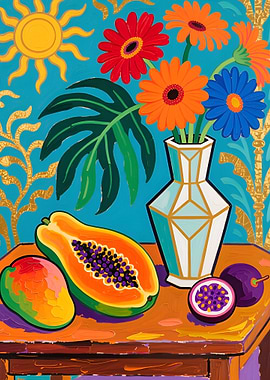 Vibrant Still Life with Flowers and Fruit