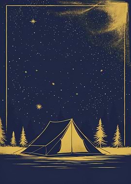 Midnight Camp — Minimal Gold-Foil Tent under a Starry Navy Sky