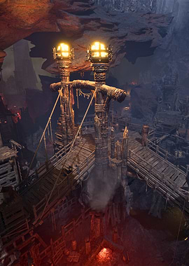 Fantasy Wooden Bridge in Dark Cave