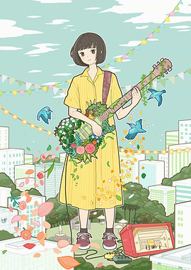Floral Guitar Girl in Cityscape