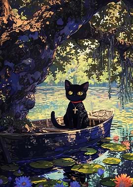Black Cat in Boat on Water