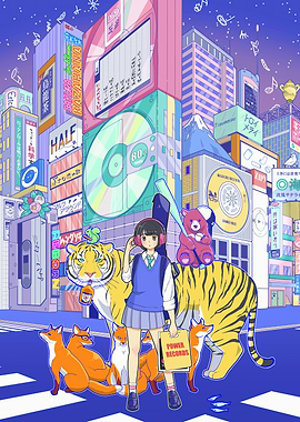 Anime Cityscape with Girl and Animals