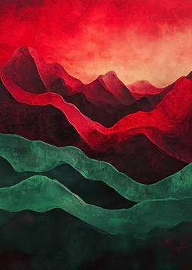 Abstract Mountain Landscape in Red and Green