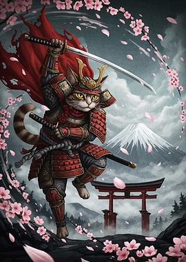 Samurai Cat Katana Cherry Blossoms