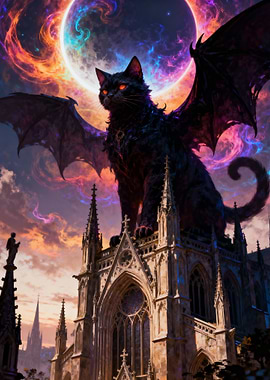 Winged Cat on Gothic Cathedral