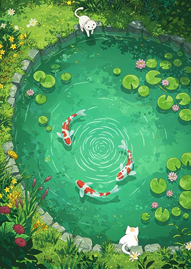 Koi Pond with Cats Illustration