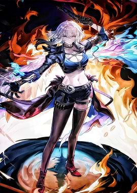 Anime Girl with Sword and Fire