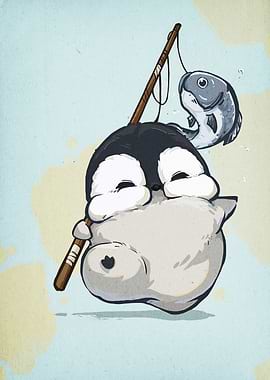 Cartoon Penguin with Fish on Fishing Rod