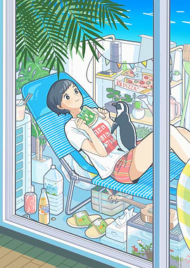 Relaxing Balcony Scene with Penguin