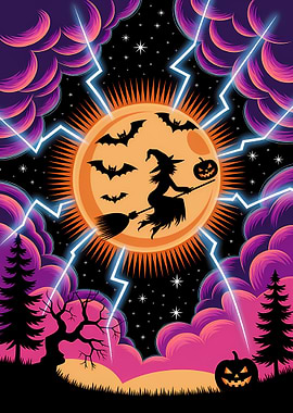 Halloween Night Witch and Bats