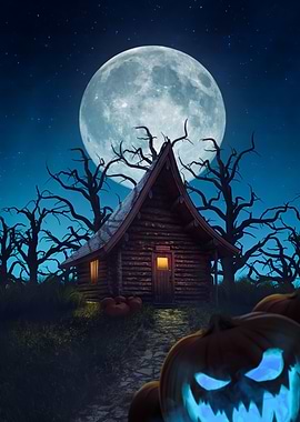 Halloween Night Cabin with Glowing Pumpkins