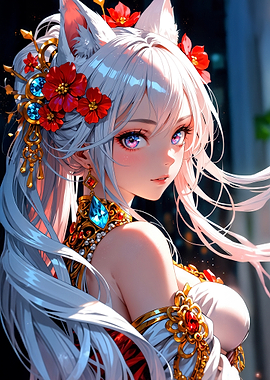 Anime Girl with Fox Ears and Flowers