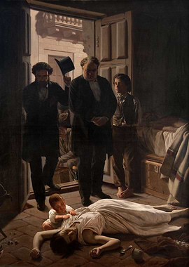 Disturbing Scene: Woman, Child, and Mourners