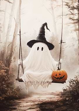 Cute Halloween Ghost on The Swing