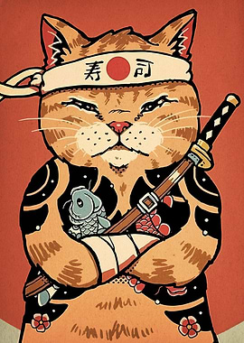 Samurai Cat with Sword and Fish