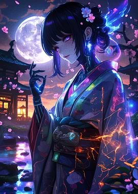 Cyberpunk Geisha under Moonlight