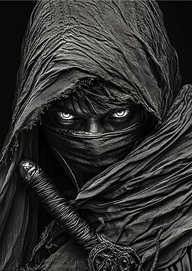 Mysterious hooded figure with glowing eyes