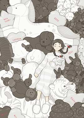 Girl Sleeping Surrounded by Stuffed Animals