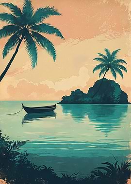 Anchored Rowboat at the Tropical Lagoon — Minimalist Retro Beach Poster