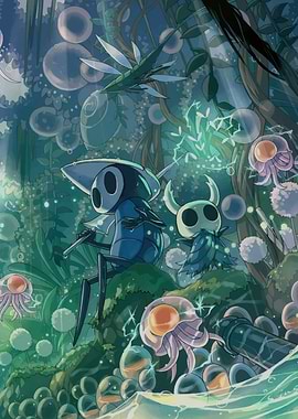 Hollow Knight characters in lush environment
