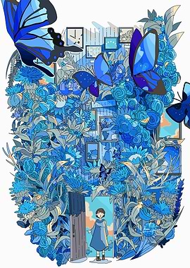 Blue Floral Doorway with Butterflies