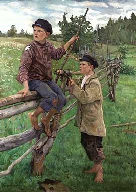 Two Boys on a Fence Painting