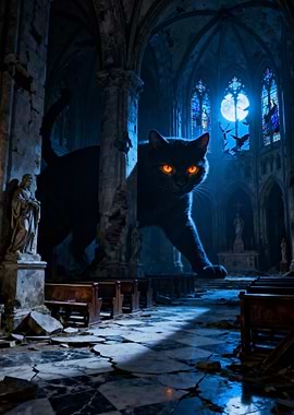 Giant Black Cat in Ruined Church
